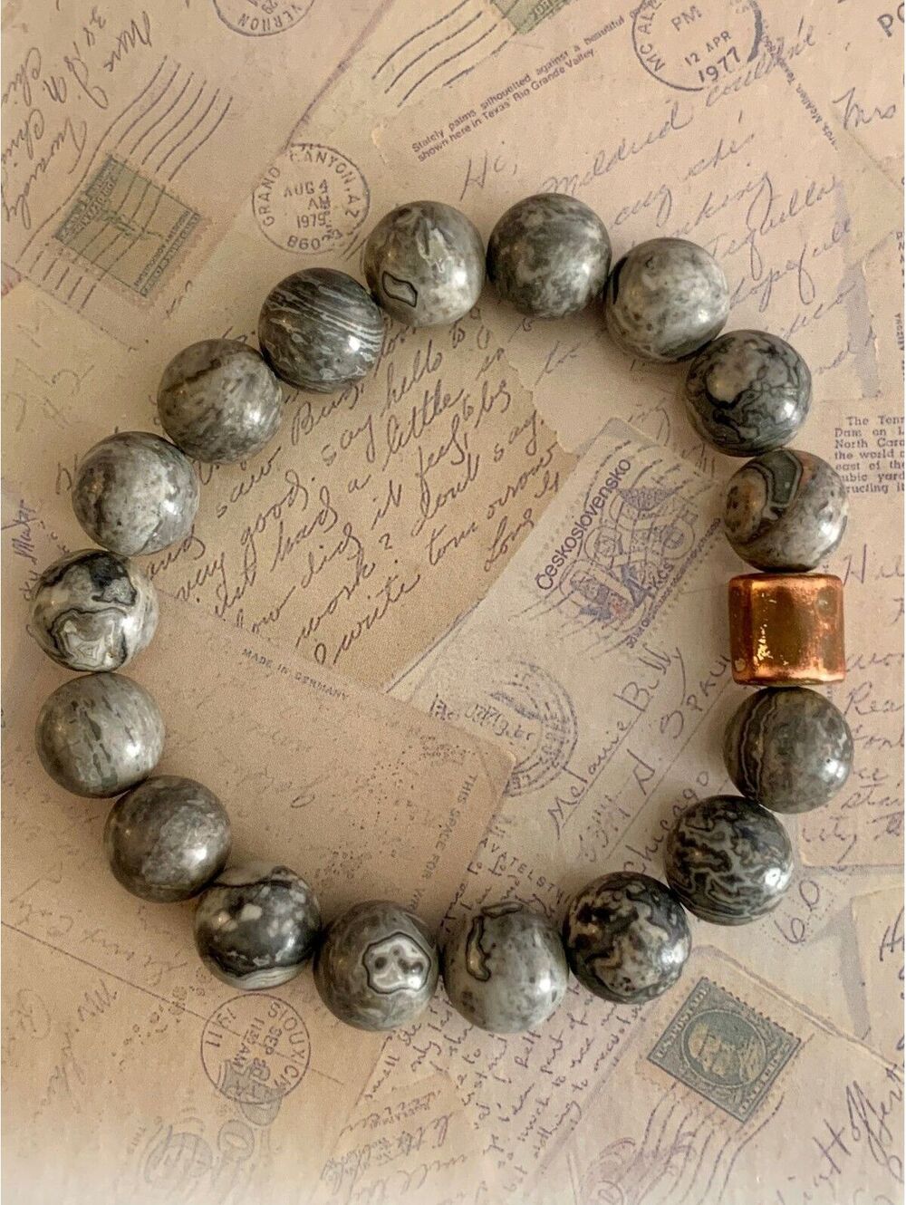 Vintage Stylish Gray Marble Genuine Stone Beaded Bracelet Copper Accent Charm